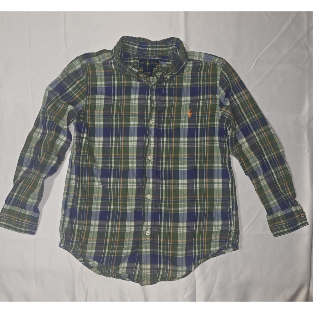Ralph Lauren Polo Blue‎ Green Plaid Dress Button Down Shirt Boys Size 6 Cotton